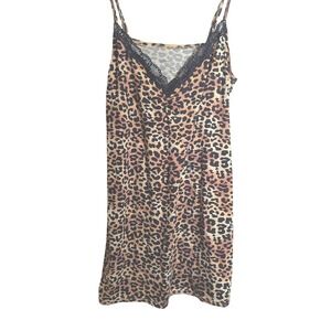 Nine West Leopard Print Lace Trim Cami Dress Sleeveless Mini